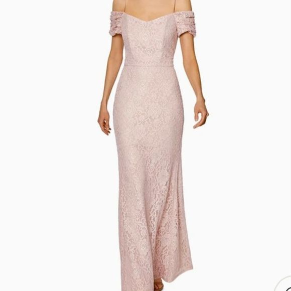 Laundry by Shelli Segal Off Shoulder Sheath Lace Blush Gown 8 - Picture 1 of 14